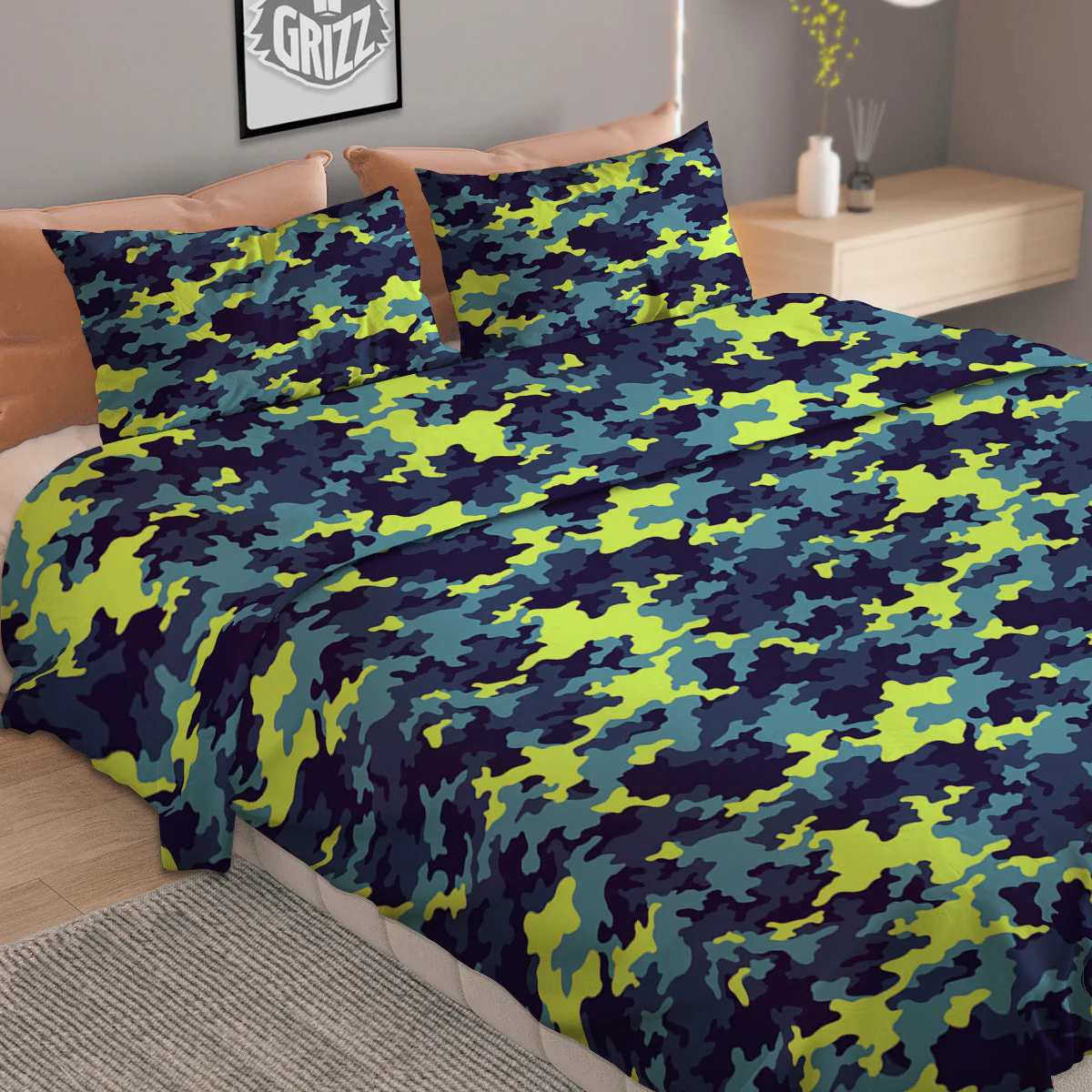 Camouflage Blue And Neon Green Print Pattern Duvet Cover Bedding Set - Image 2