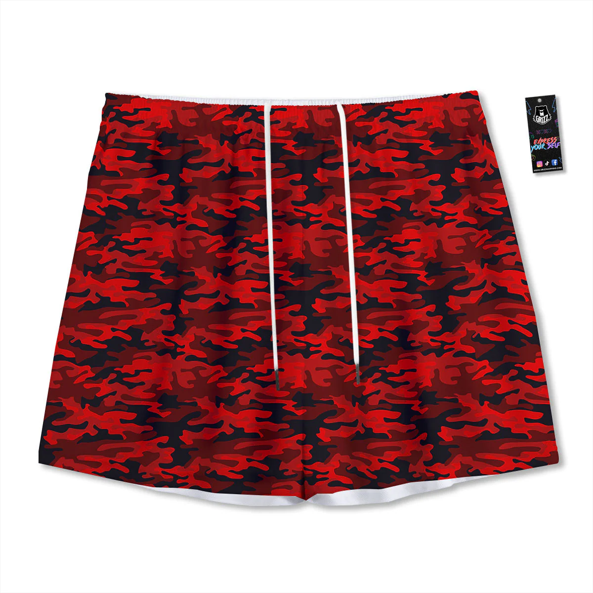 Camouflage Red And Black Print Mesh Shorts