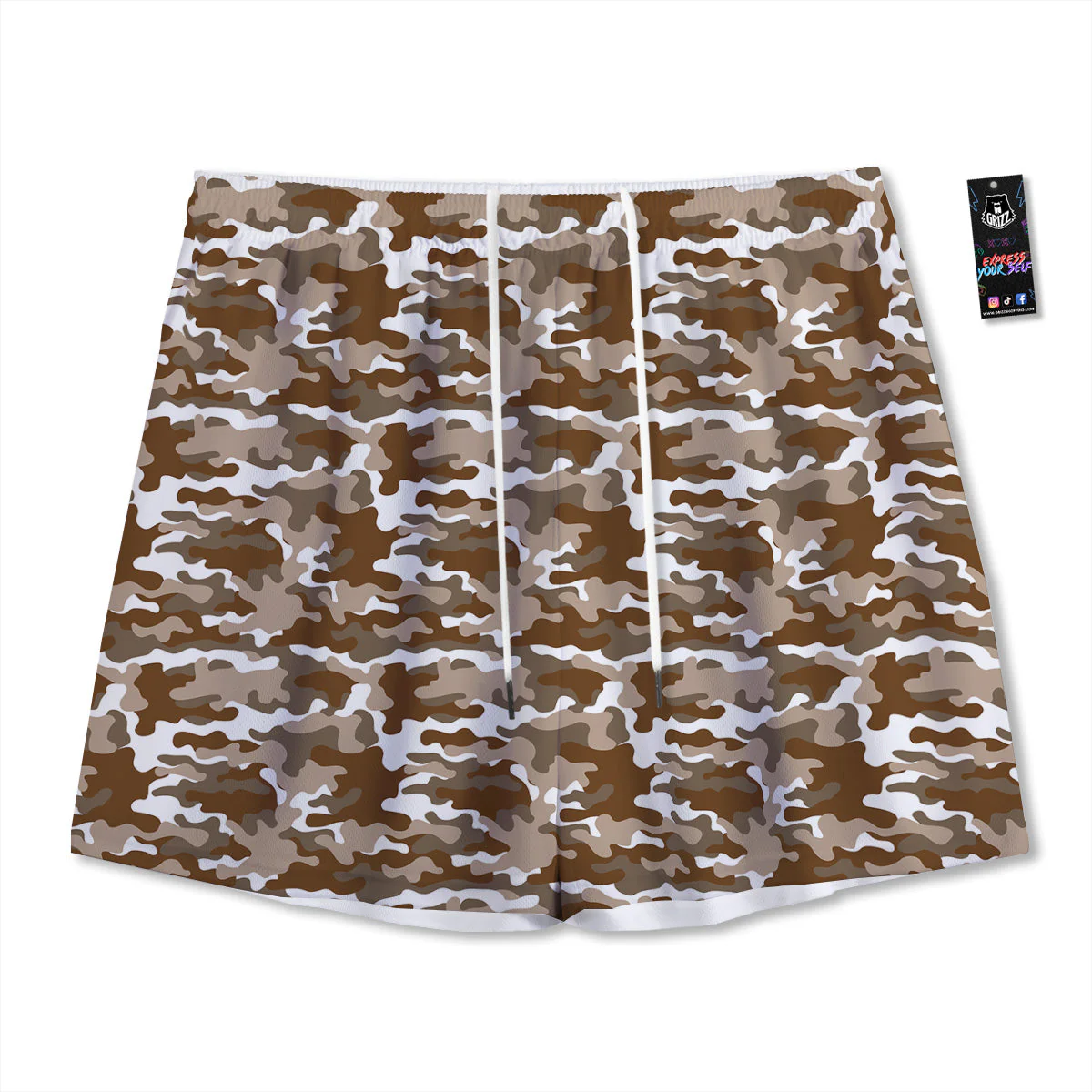 Camouflage White And Brown Print Mesh Shorts