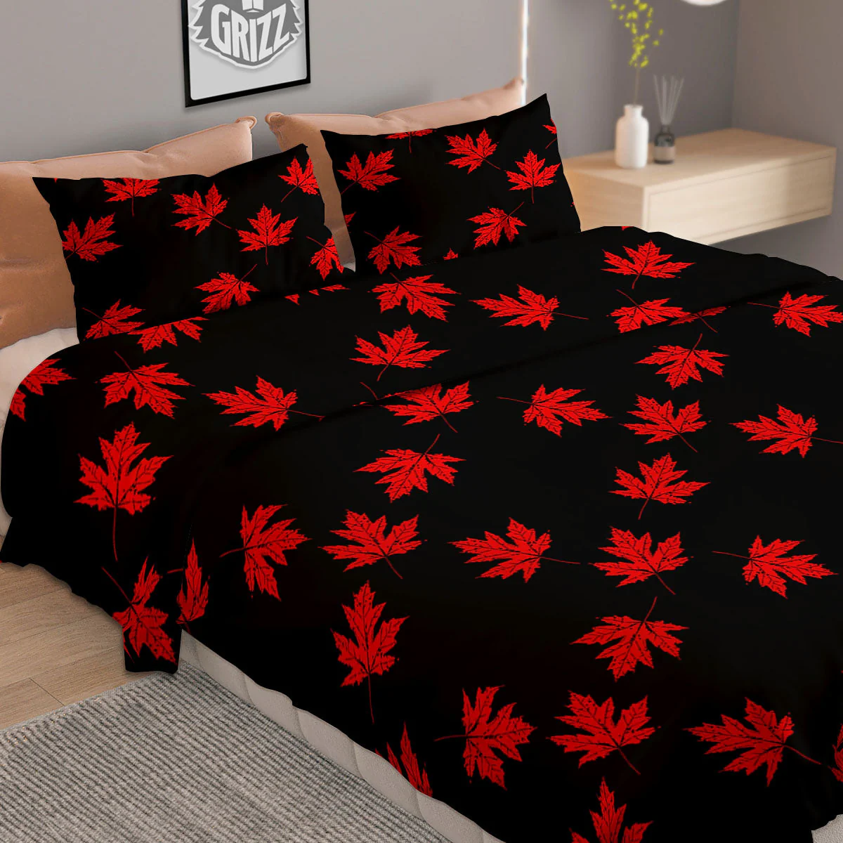 Canadian Maple Leaf Red And Black Print Duvet Cover Bedding Set - Image 2