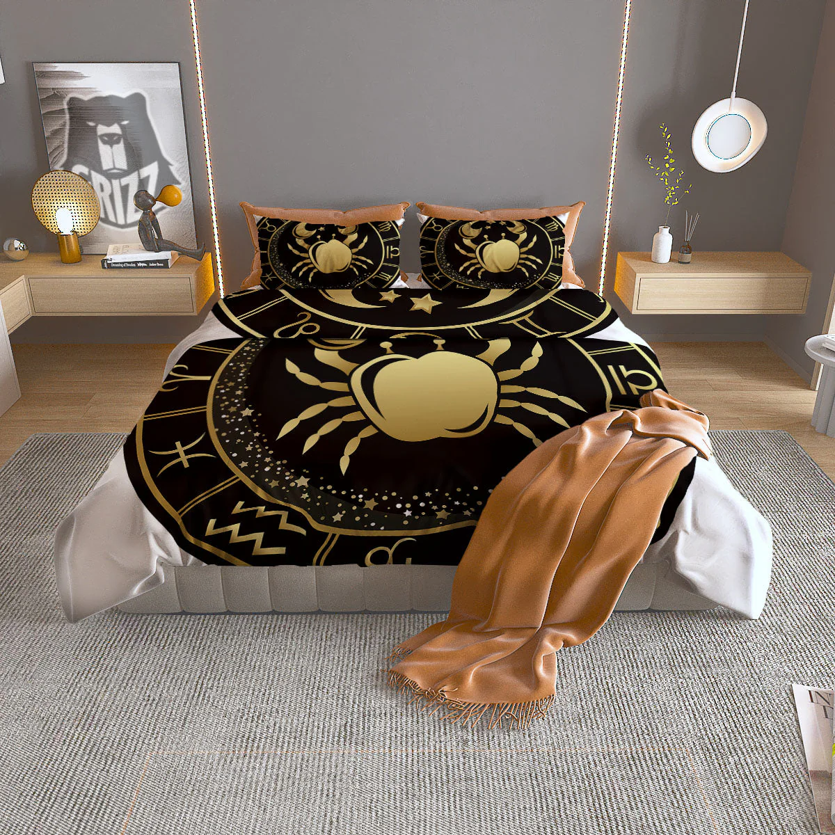 Cancer Sign Black And Gold Print Duvet Cover Bedding Set