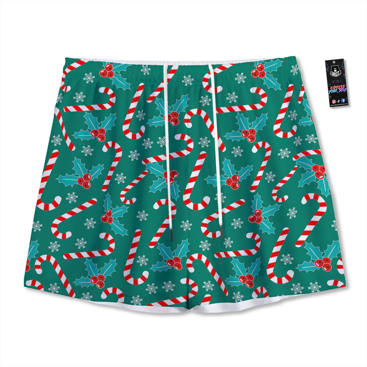 Candy Cane Merry Christmas Print Pattern Mesh Shorts