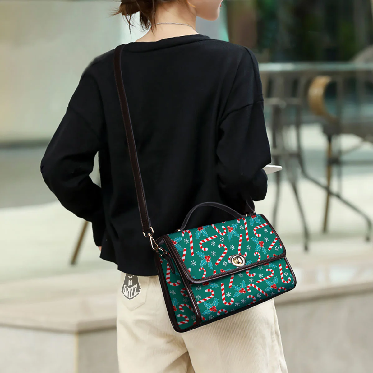 Candy Cane Merry Christmas Print Pattern Women's Satchel Bag - Image 3