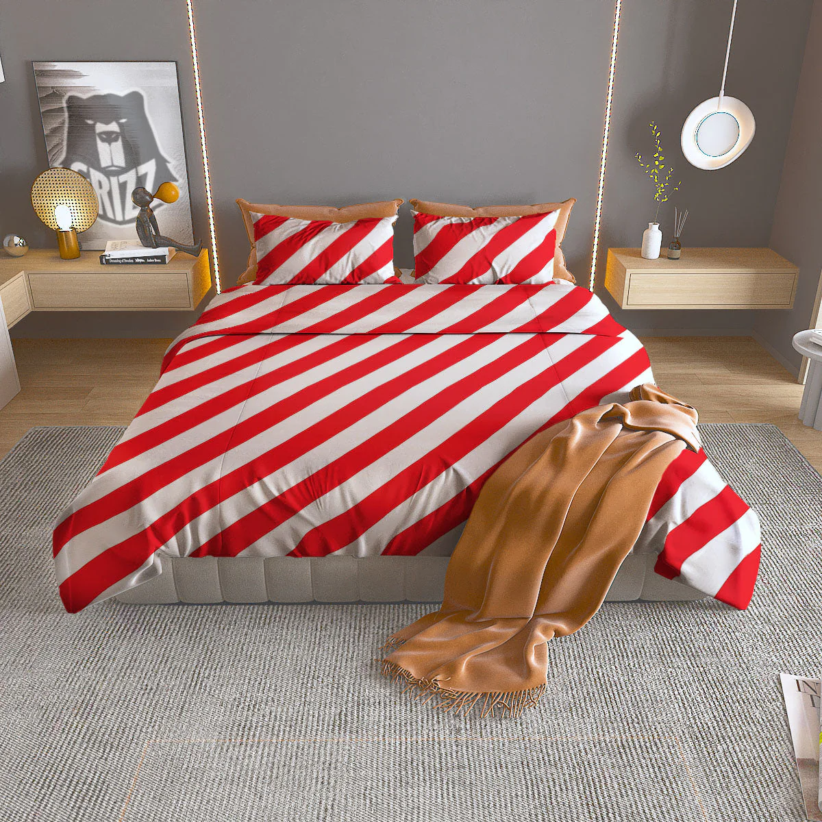 Candy Cane Striped White And Red Print Duvet Cover Bedding Set