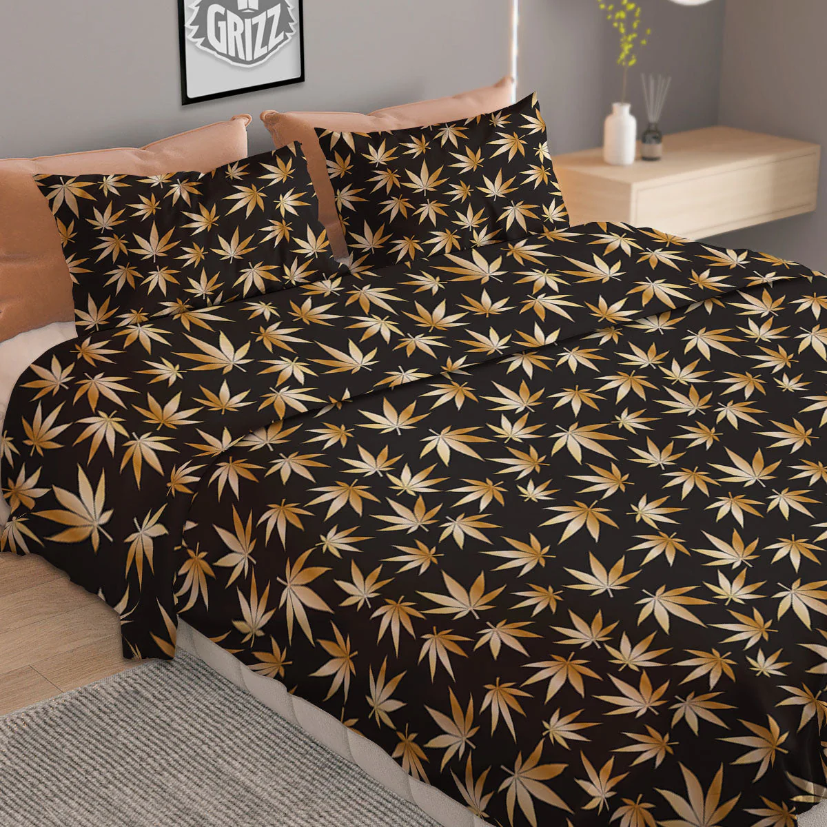 Cannabis Leaf Gold Print Pattern Duvet Cover Bedding Set - Image 2