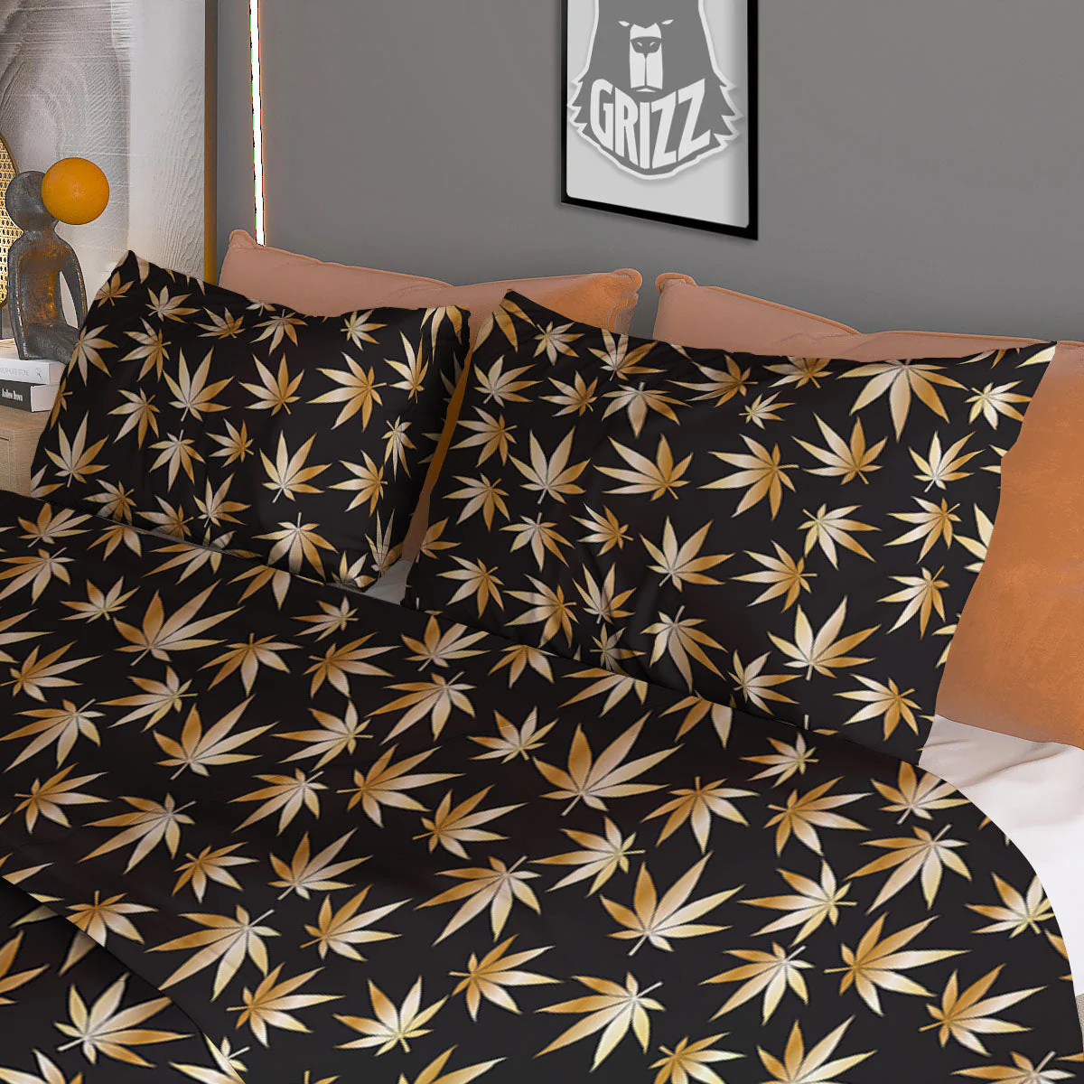 Cannabis Leaf Gold Print Pattern Duvet Cover Bedding Set - Image 3