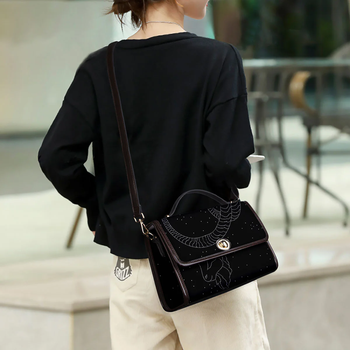 Capricorn Sign White And Black Print Women's Satchel Bag - Image 3
