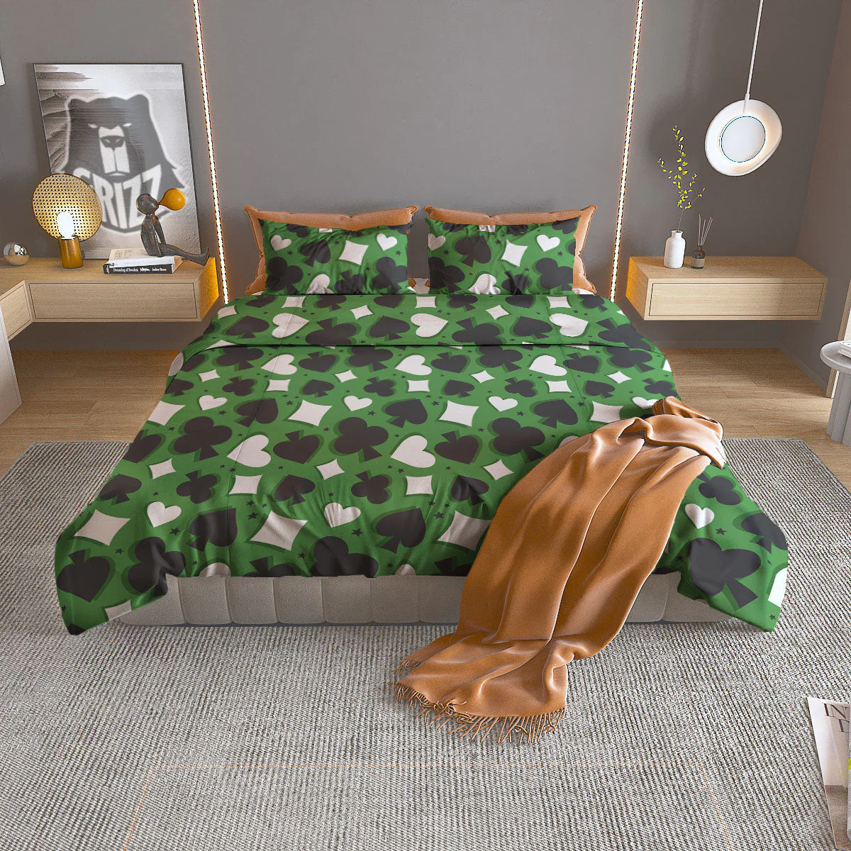 Card Suits Green Playing Print Pattern Duvet Cover Bedding Set