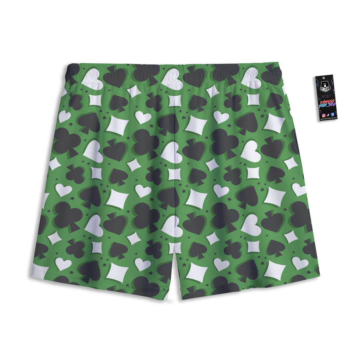 Card Suits Green Playing Print Pattern Mesh Shorts - Image 2