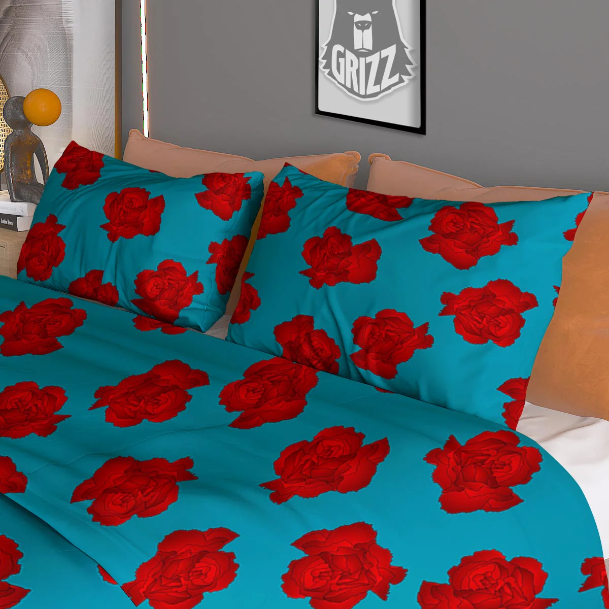 Carnation Blue And Red Print Pattern Duvet Cover Bedding Set - Image 3