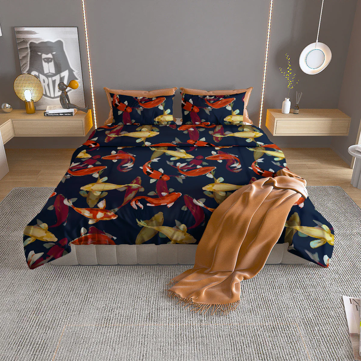 Carp Fish Koi Watercolor Print Pattern Duvet Cover Bedding Set