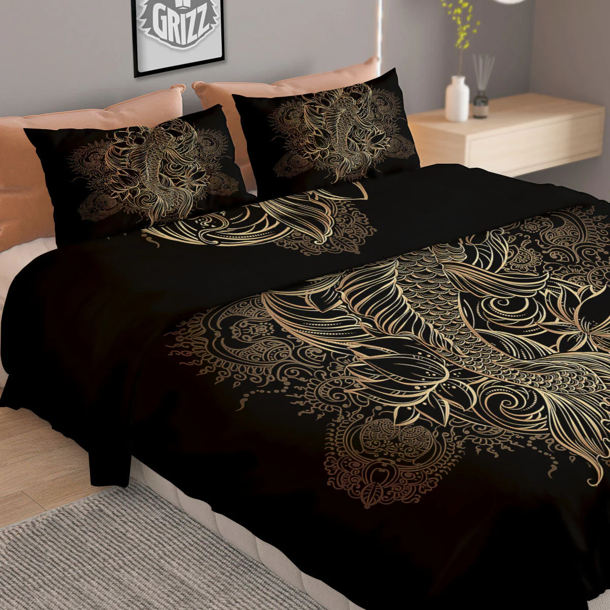 Carp Koi Fish Gold Print Duvet Cover Bedding Set - Image 2