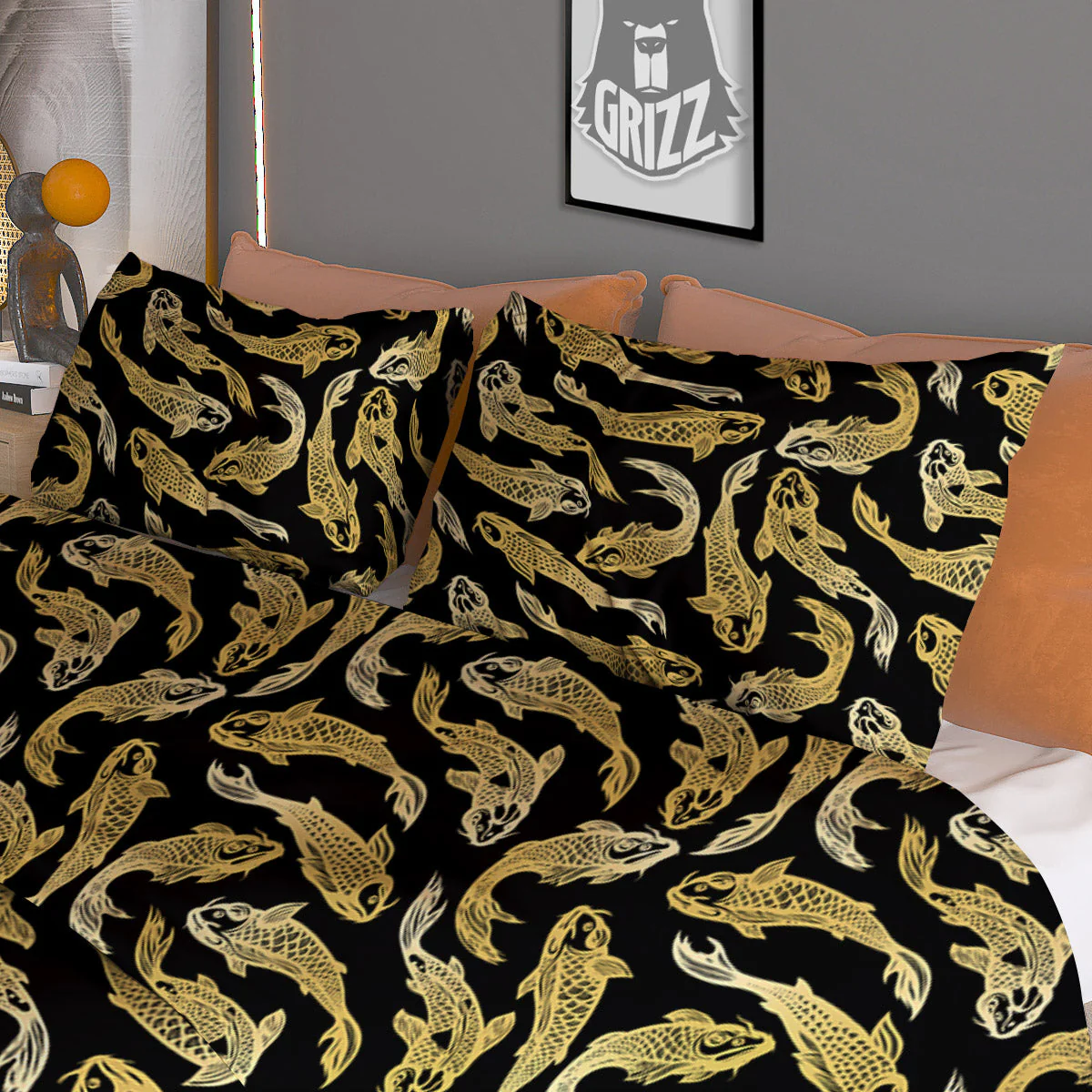 Carp Koi Golden Chinese Print Pattern Duvet Cover Bedding Set - Image 3