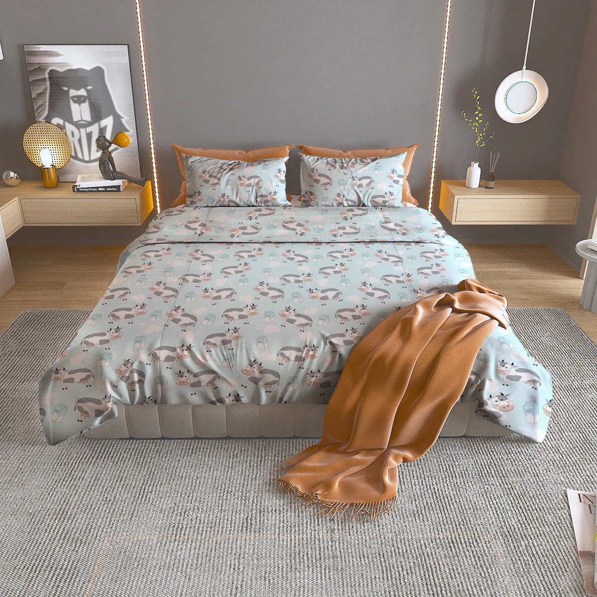 Cartoon Cows Milk Print Pattern Duvet Cover Bedding Set