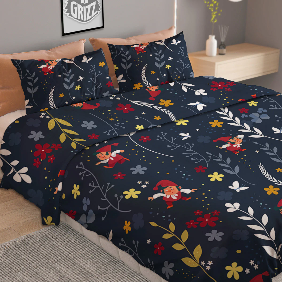 Cartoon Elf And Floral Print Pattern Duvet Cover Bedding Set - Image 2
