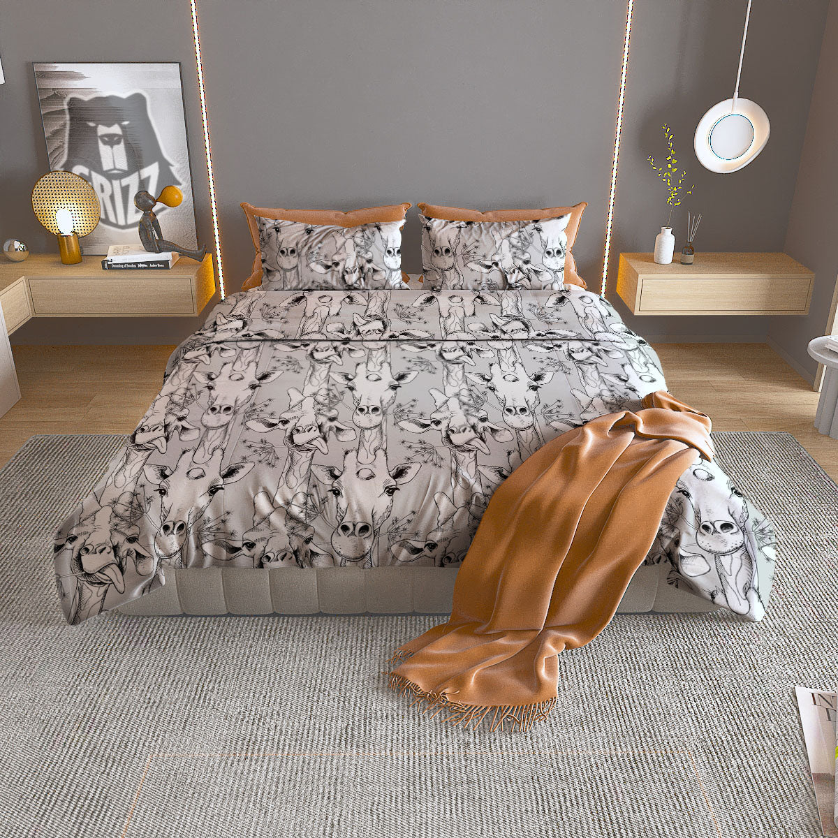 Cartoon Giraffe White And Black Print Duvet Cover Bedding Set