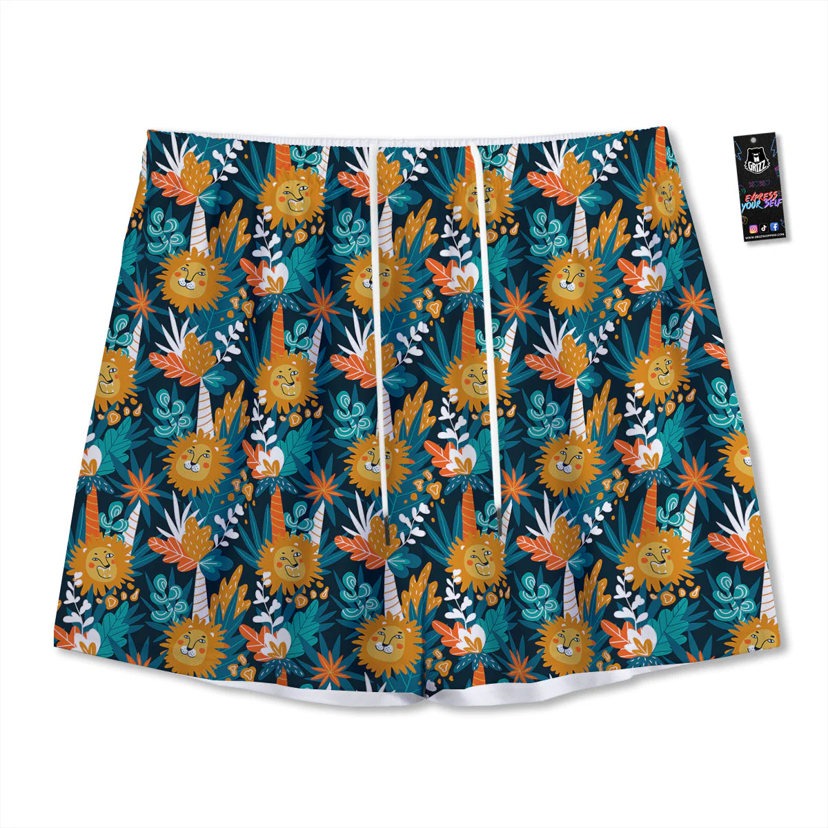 Cartoon Lion And Forest Print Pattern Mesh Shorts
