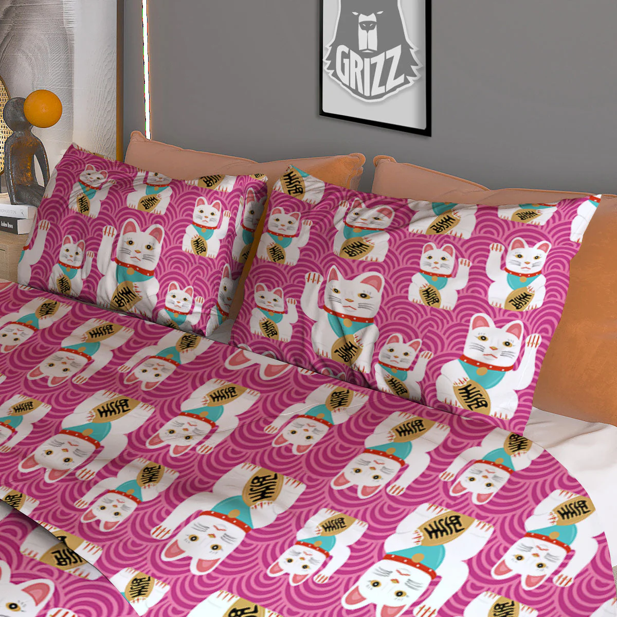 Cartoon Lucky Cat Japanese Print Pattern Duvet Cover Bedding Set - Image 3