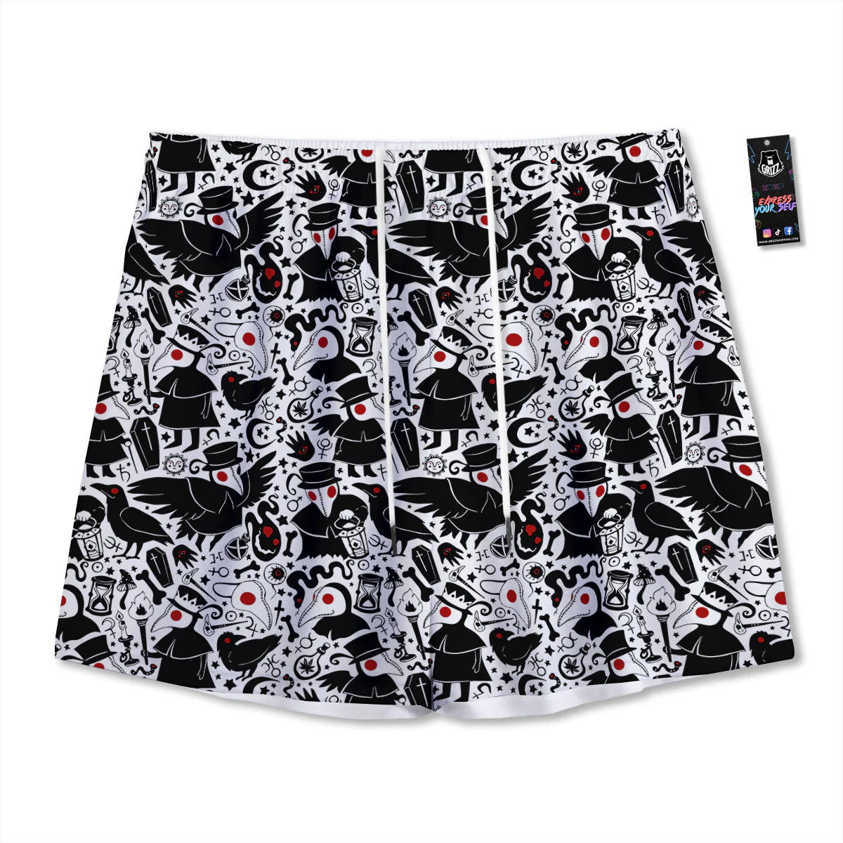Cartoon Plague Doctors And Crows Red Eyes Print Pattern Mesh Shorts