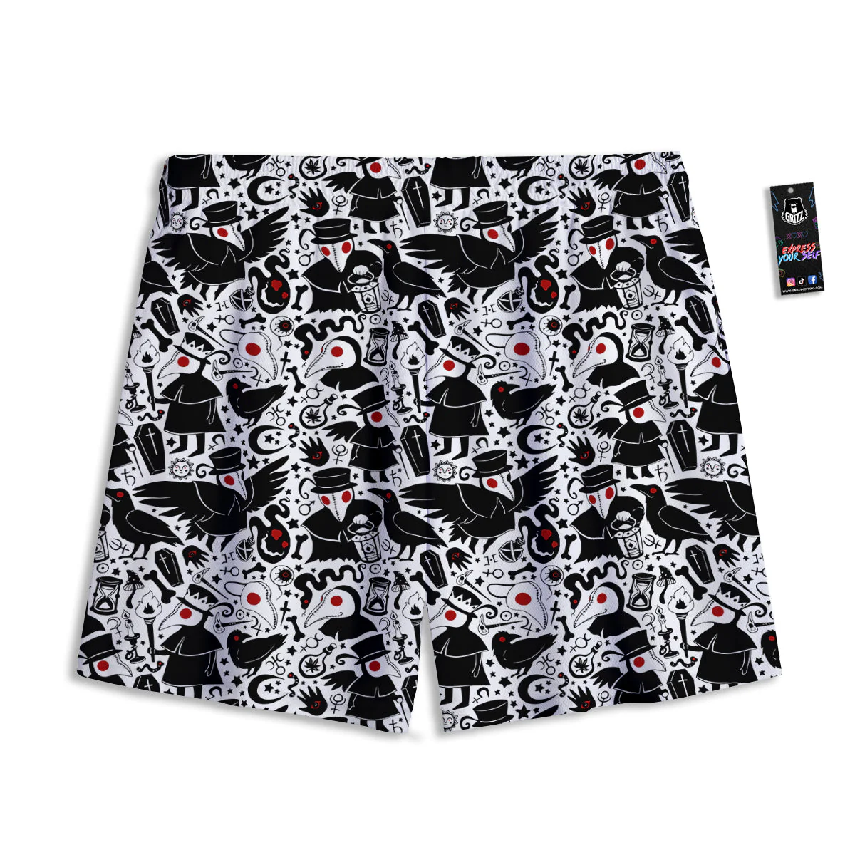 Cartoon Plague Doctors And Crows Red Eyes Print Pattern Mesh Shorts - Image 2