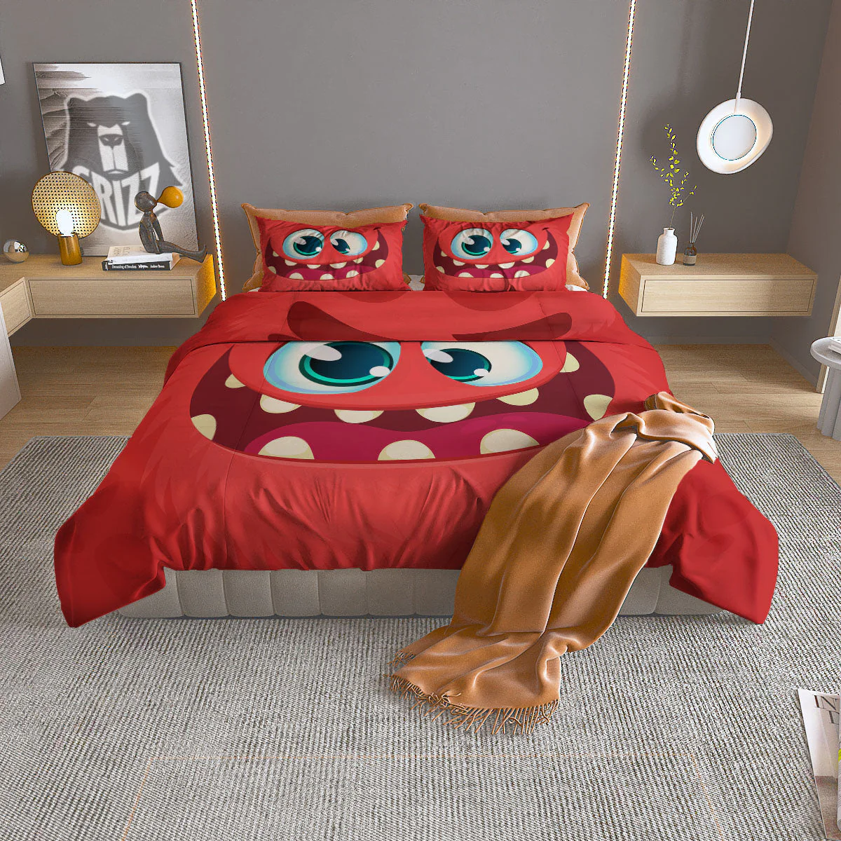 Cartoon Red Monster Face Cute Print Duvet Cover Bedding Set