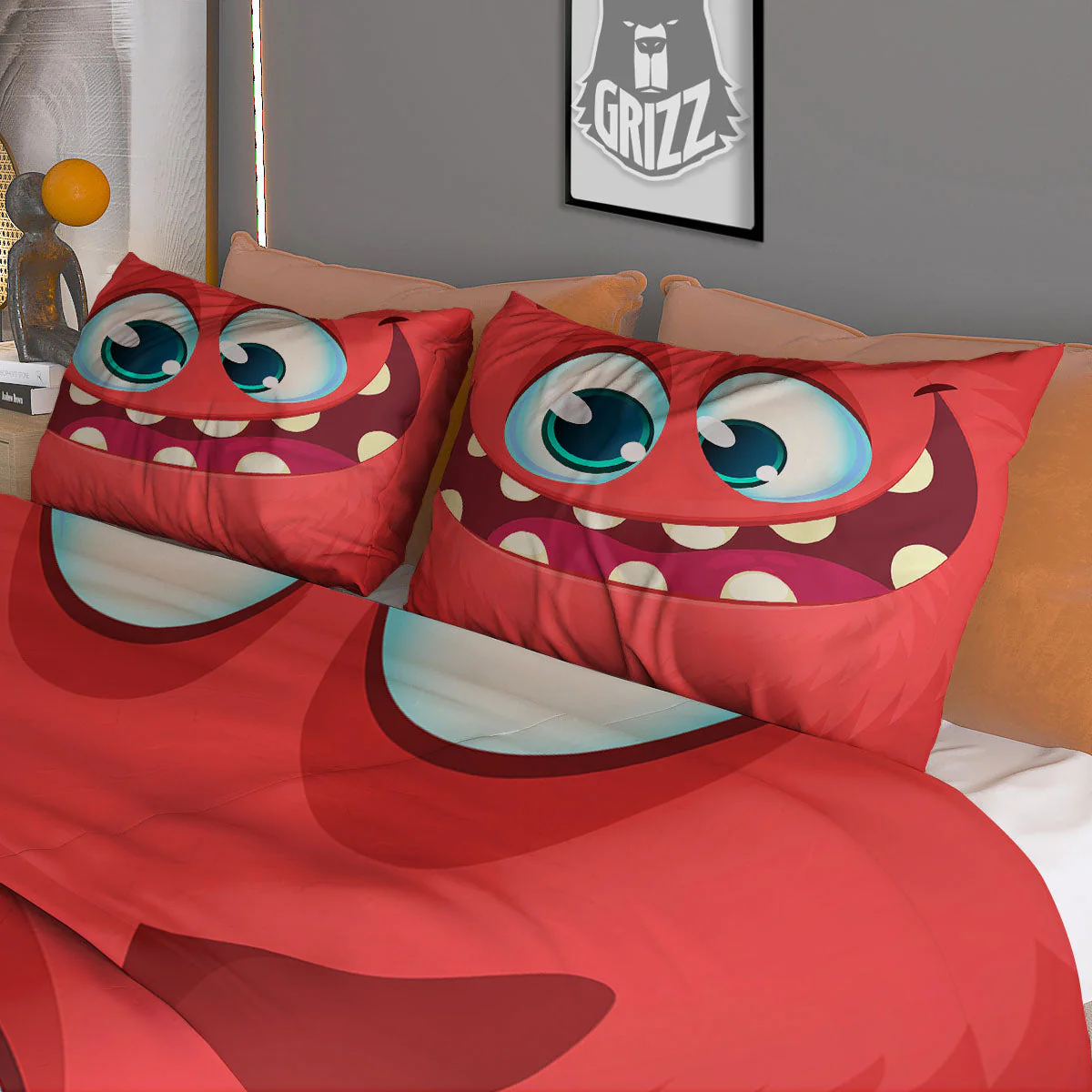 Cartoon Red Monster Face Cute Print Duvet Cover Bedding Set - Image 3