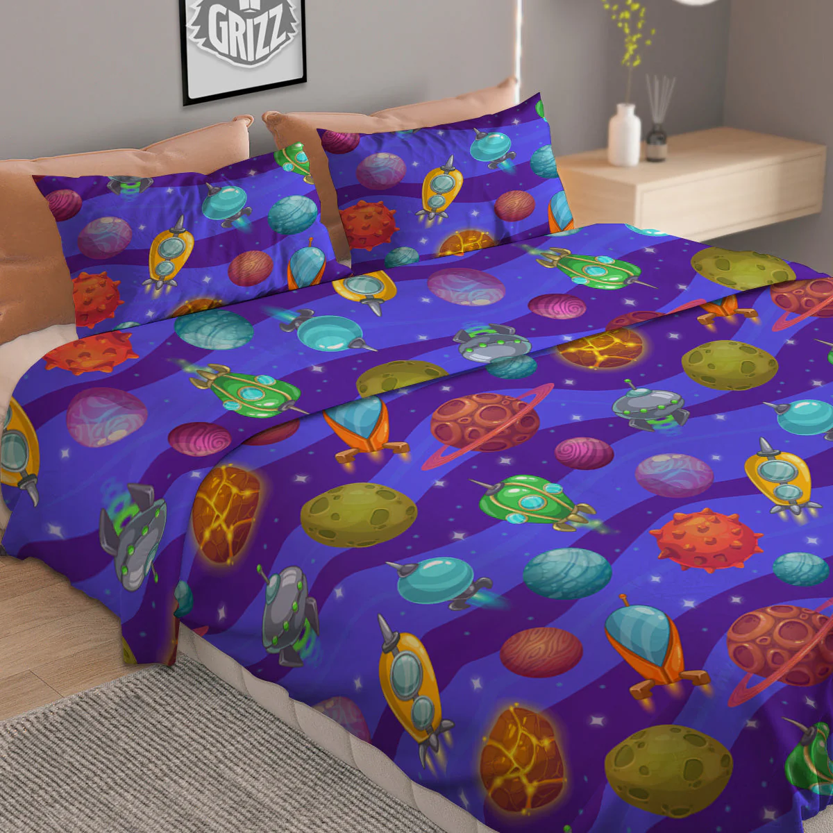 Cartoon Space Ships And Planets Print Pattern Duvet Cover Bedding Set - Image 2