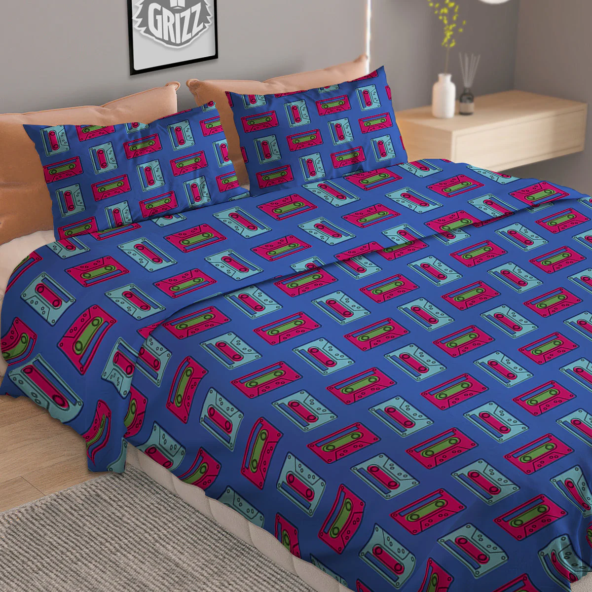 Cassette Pink And Blue Print Pattern Duvet Cover Bedding Set - Image 2