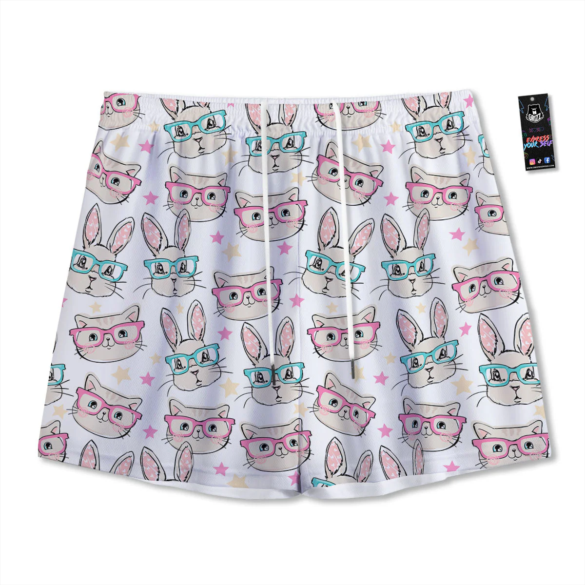 Cat And Rabbit Print Pattern Mesh Shorts