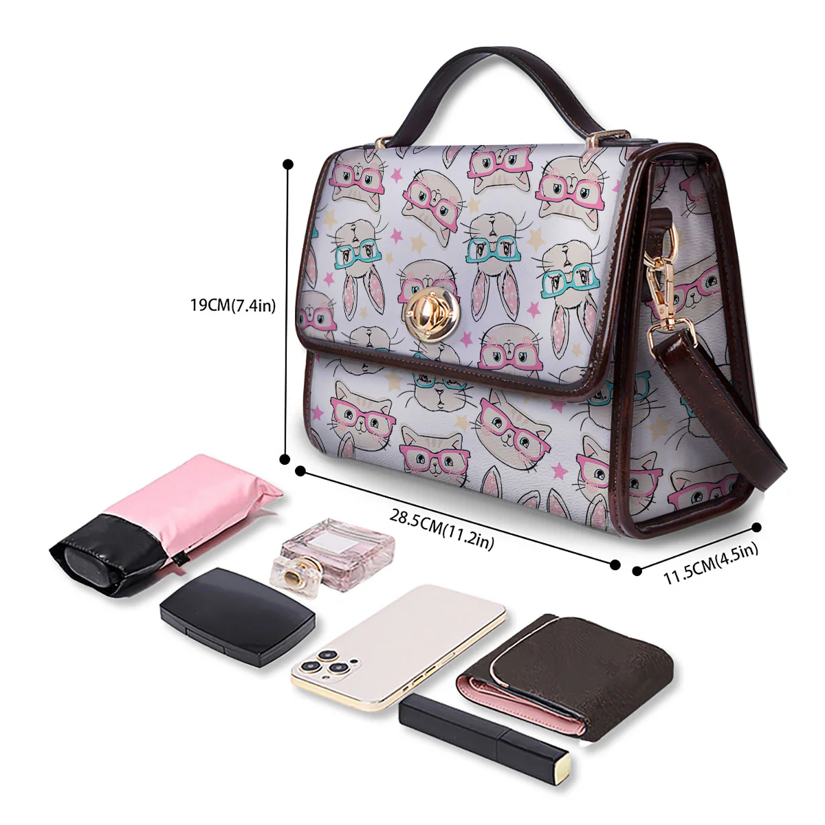 Cat And Rabbit Print Pattern Women's Satchel Bag - Image 4
