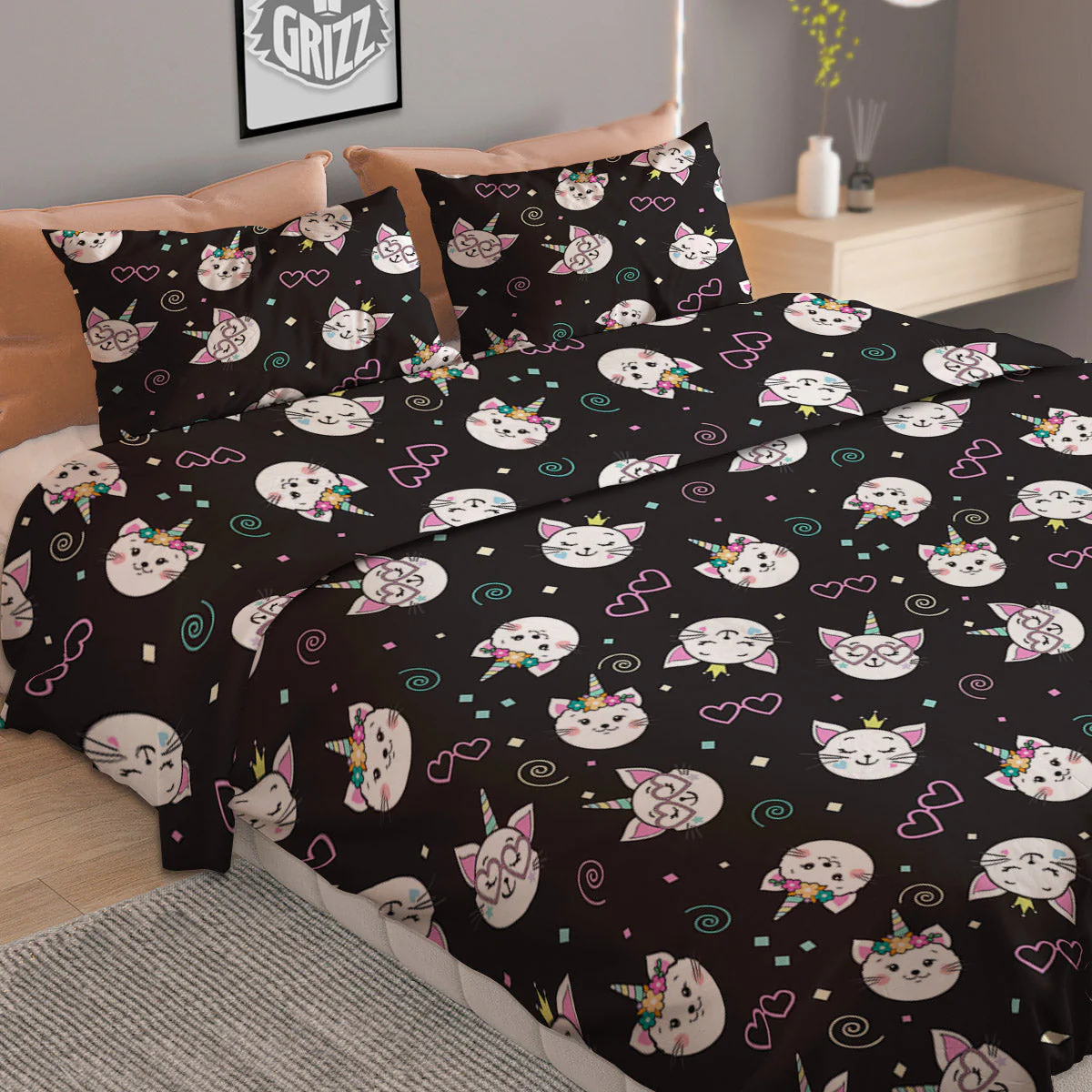 Cat Cute Black Print Pattern Duvet Cover Bedding Set - Image 2