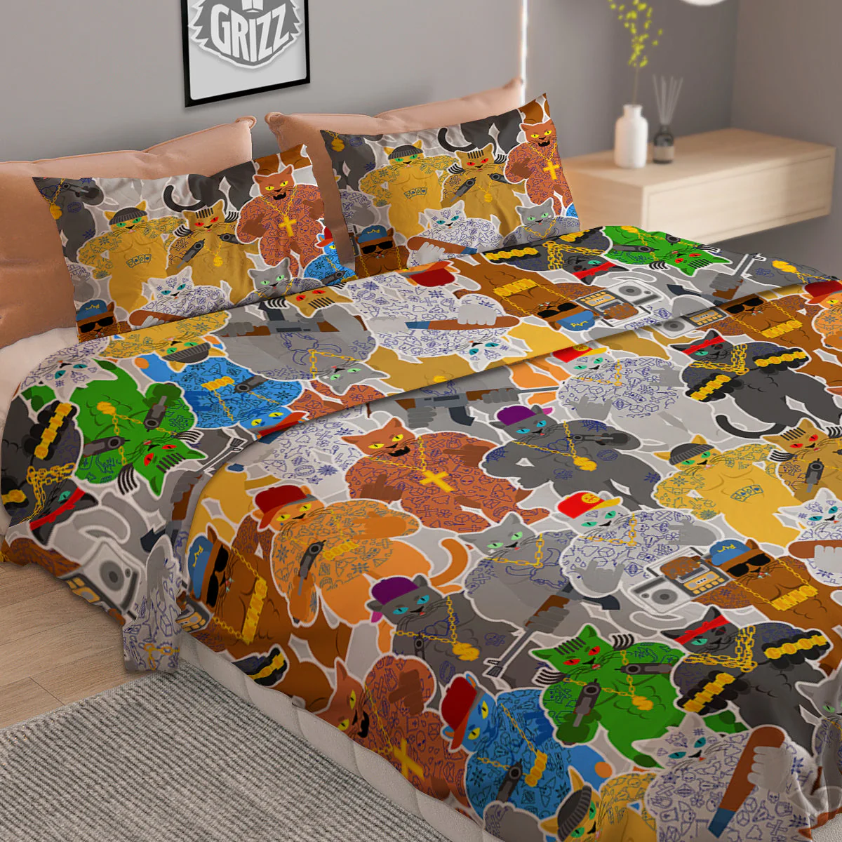 Cat Gangsta Colorful Print Pattern Duvet Cover Bedding Set - Image 2
