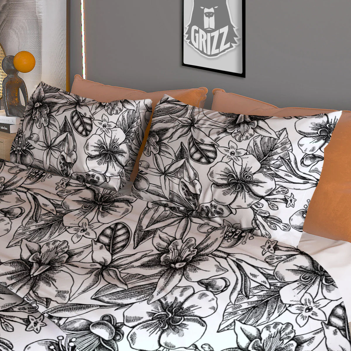 Cattleya White And Black Print Pattern Duvet Cover Bedding Set - Image 3
