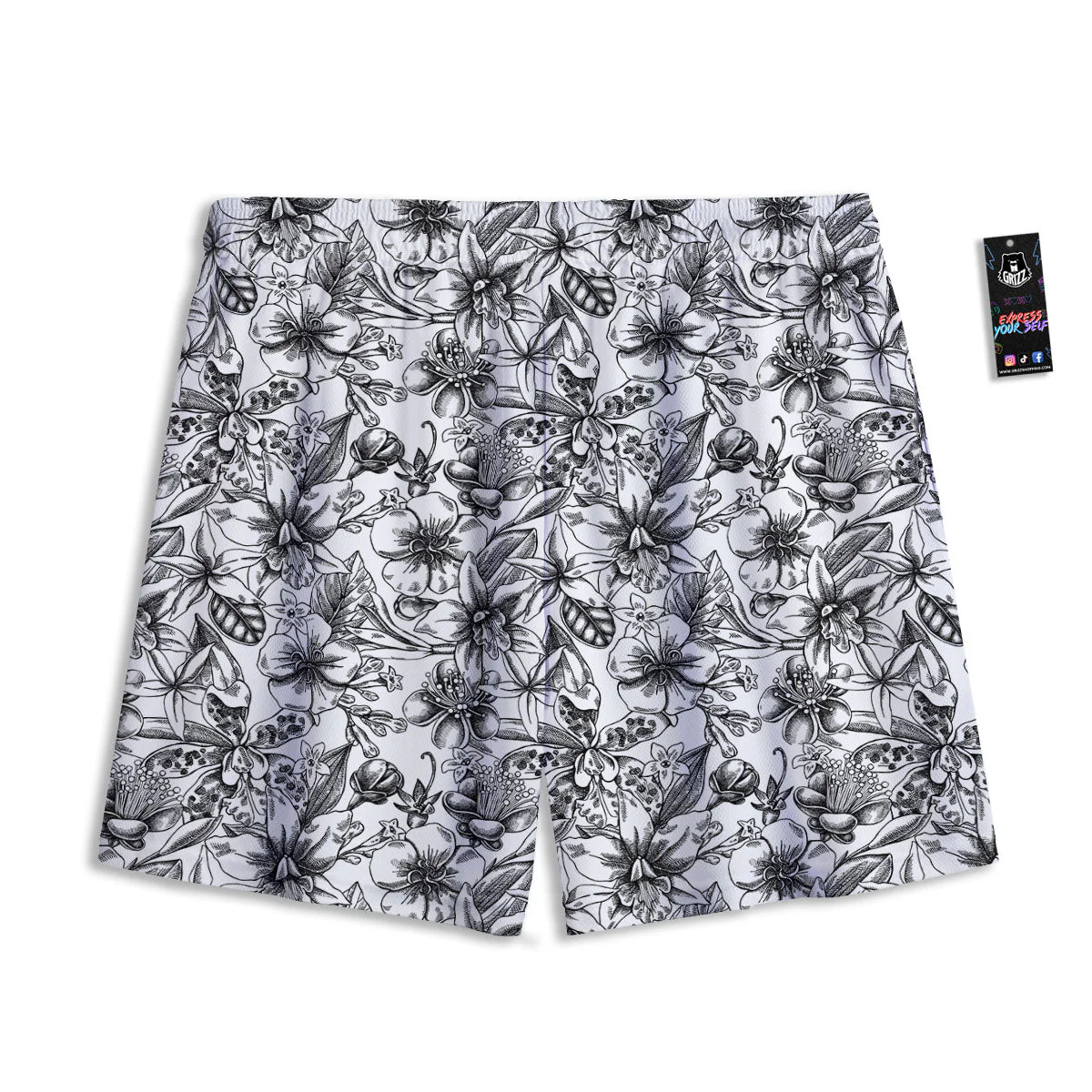 Cattleya White And Black Print Pattern Mesh Shorts - Image 2
