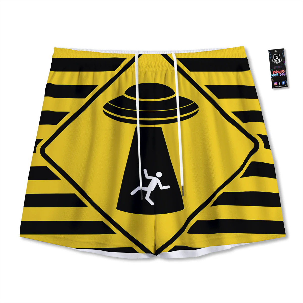 Caution Alien Abduction Warning Sign Print Mesh Shorts