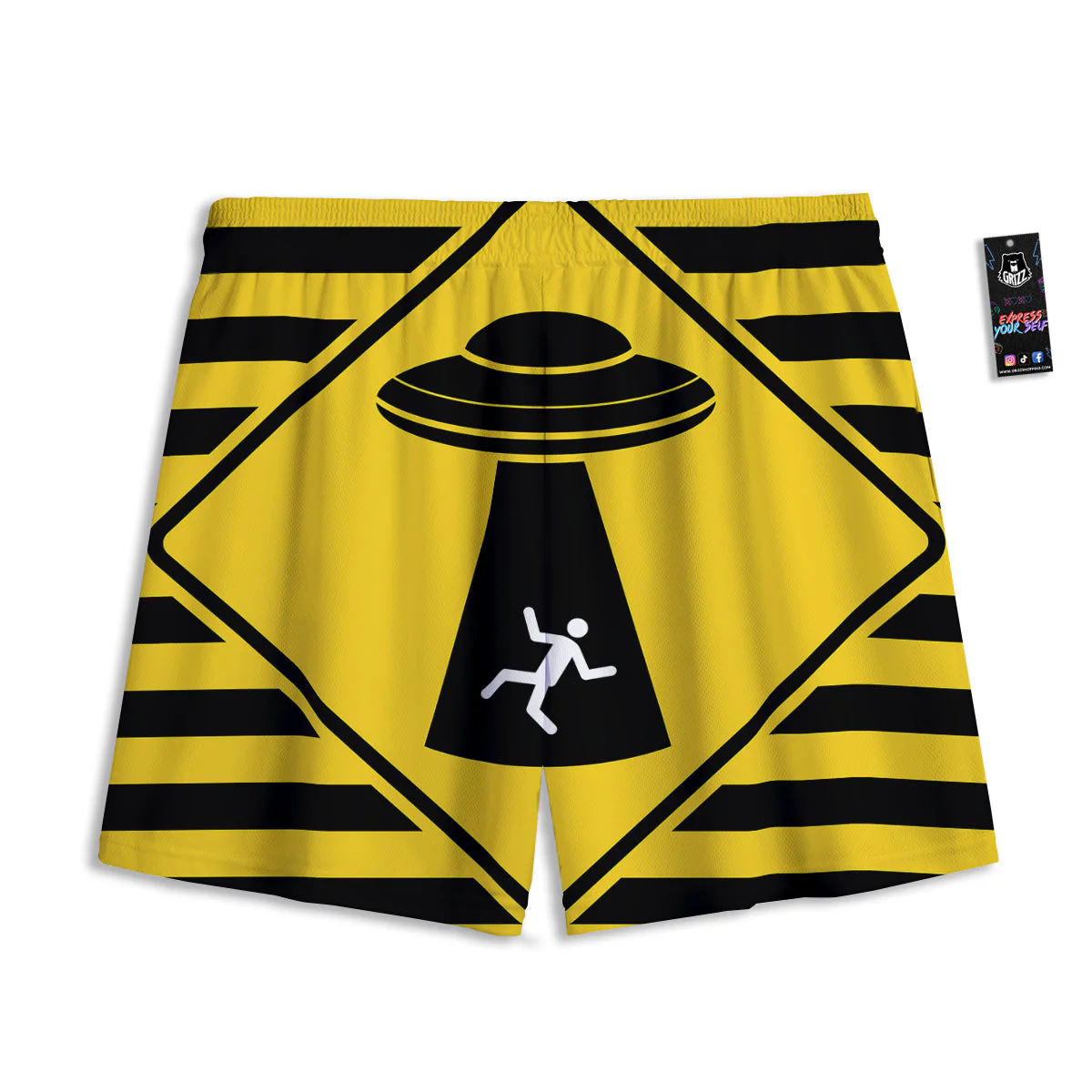 Caution Alien Abduction Warning Sign Print Mesh Shorts - Image 2