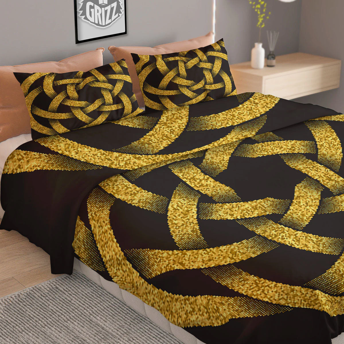 Celtic Knot Symbol Gold Circle Print Duvet Cover Bedding Set - Image 2