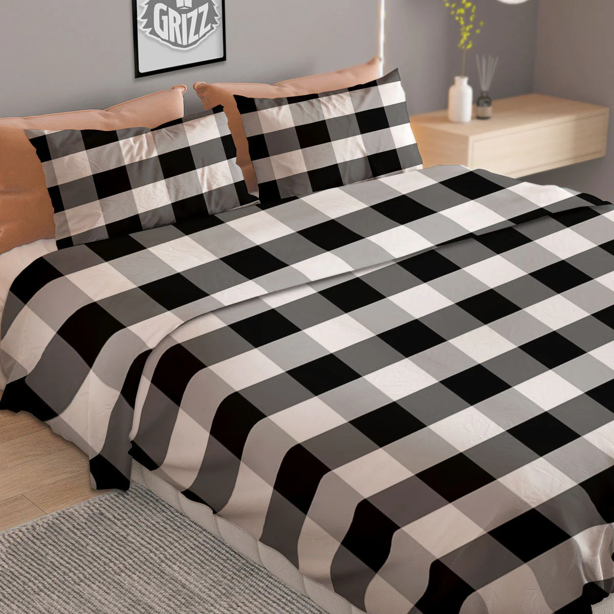 Check Black And Grey Print Pattern Duvet Cover Bedding Set - Image 2
