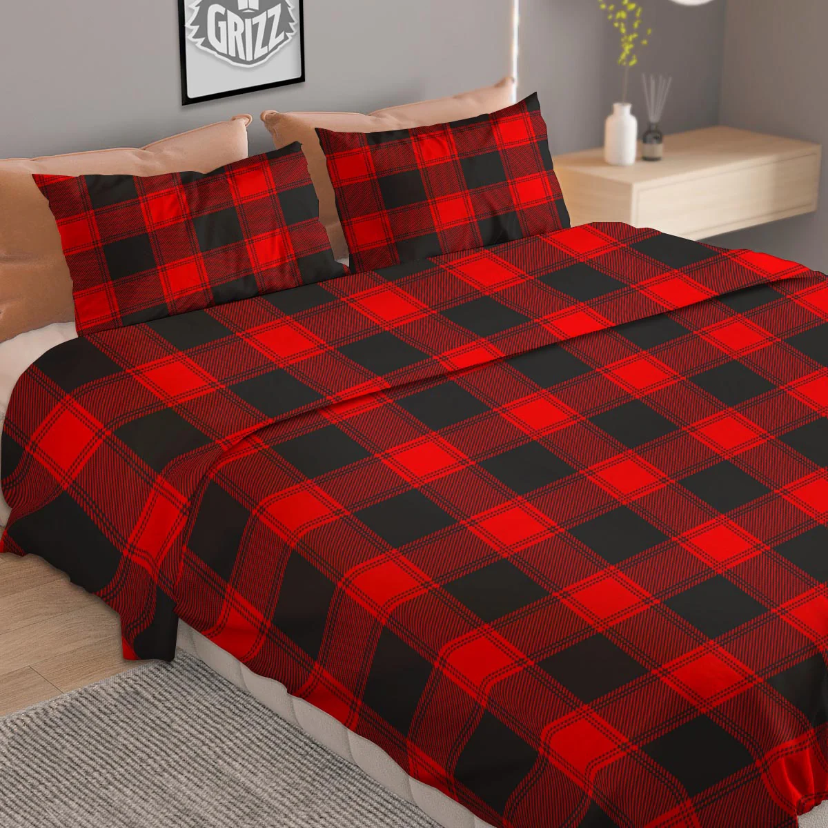 Check Black And Red Print Pattern Duvet Cover Bedding Set - Image 2