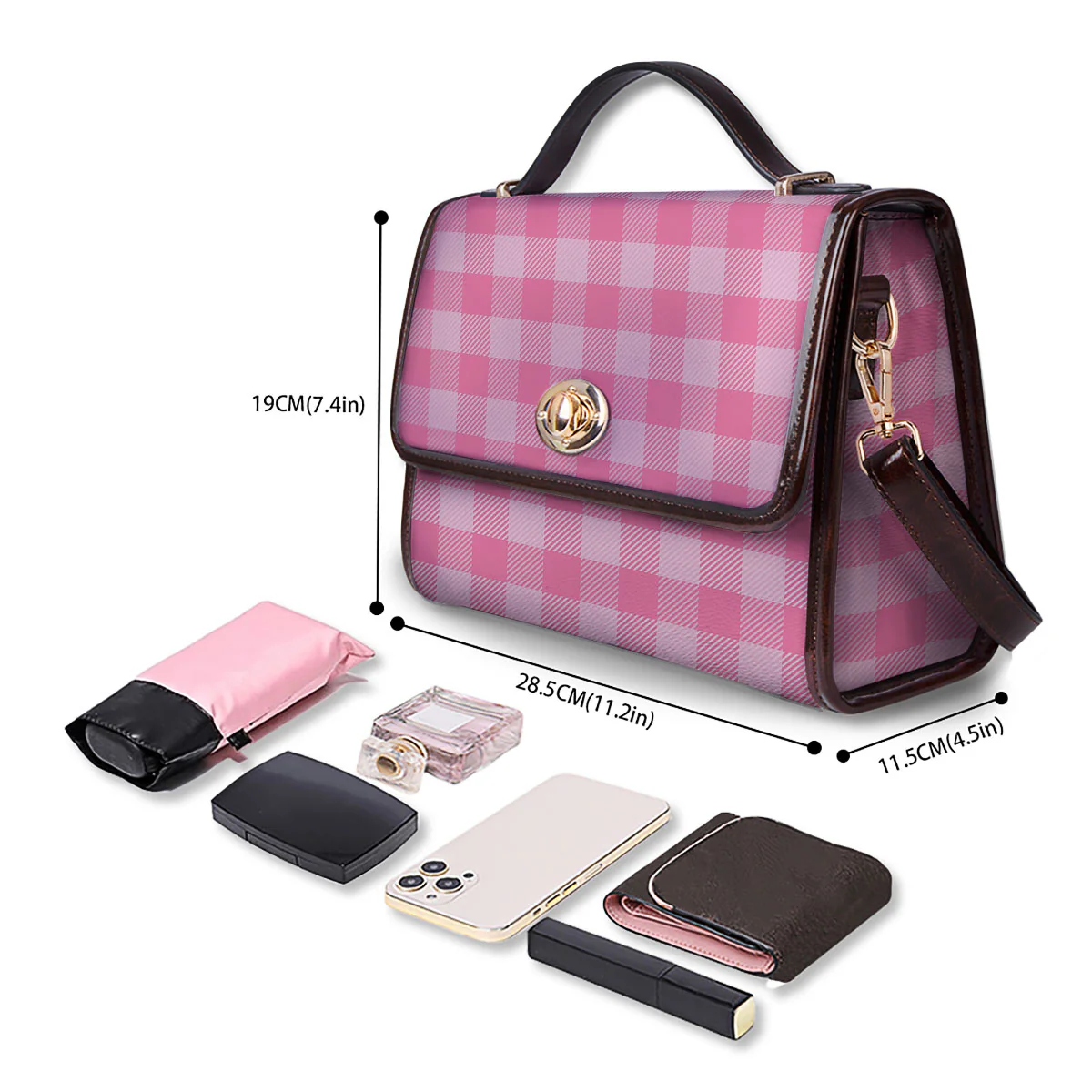 Check Pink Print Pattern Women's Satchel Bag - Image 4