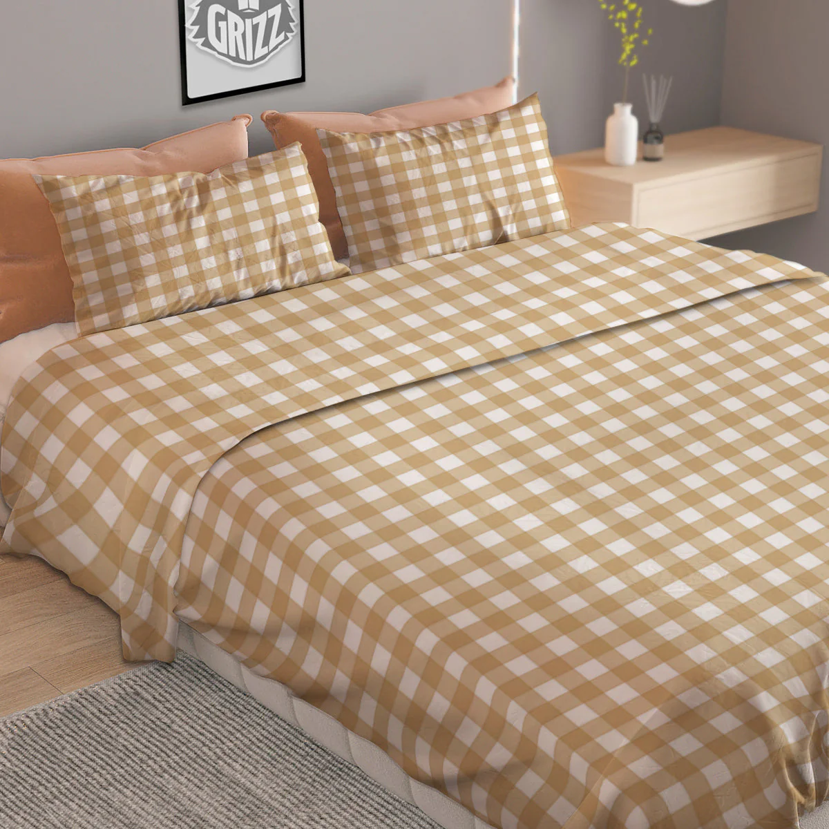 Check White And Beige Print Pattern Duvet Cover Bedding Set - Image 2