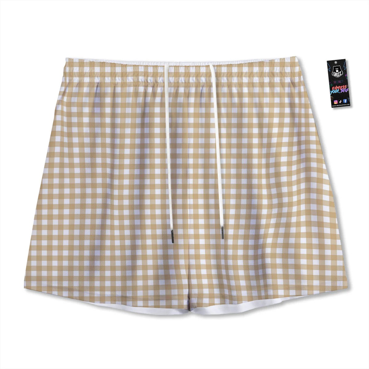 Check White And Beige Print Pattern Mesh Shorts