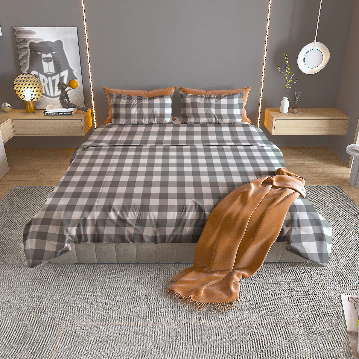 Check White And Grey Print Pattern Duvet Cover Bedding Set