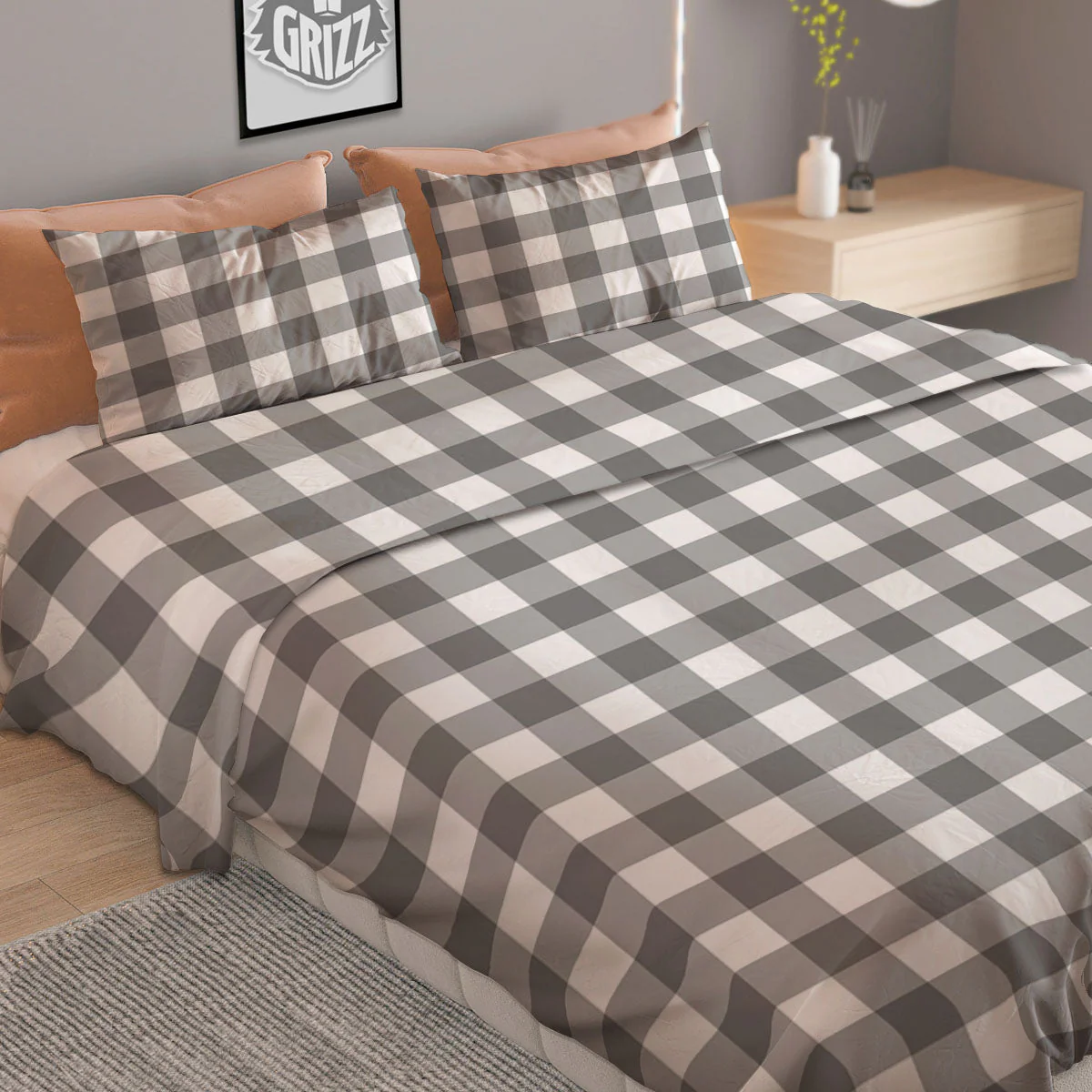 Check White And Grey Print Pattern Duvet Cover Bedding Set - Image 2