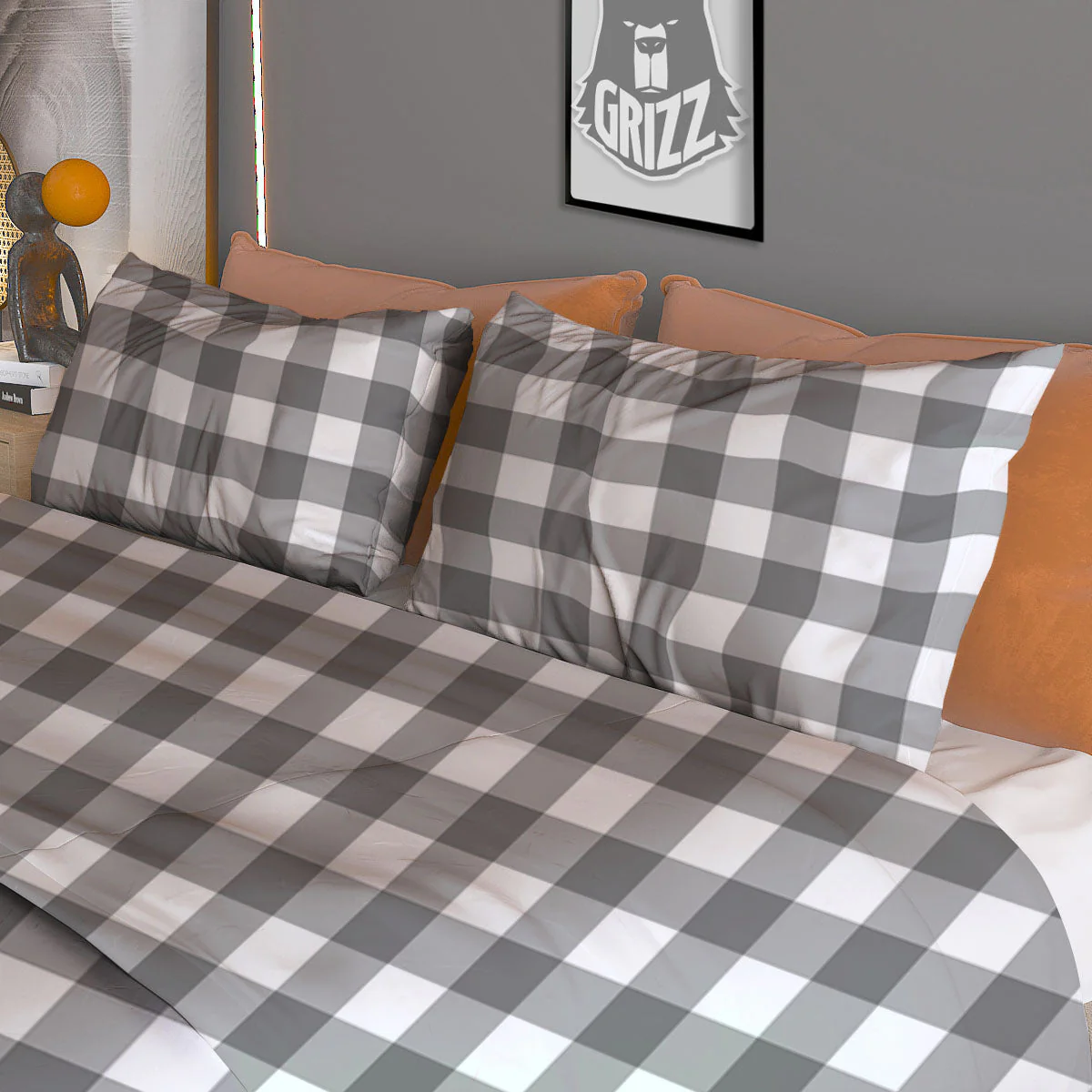 Check White And Grey Print Pattern Duvet Cover Bedding Set - Image 3