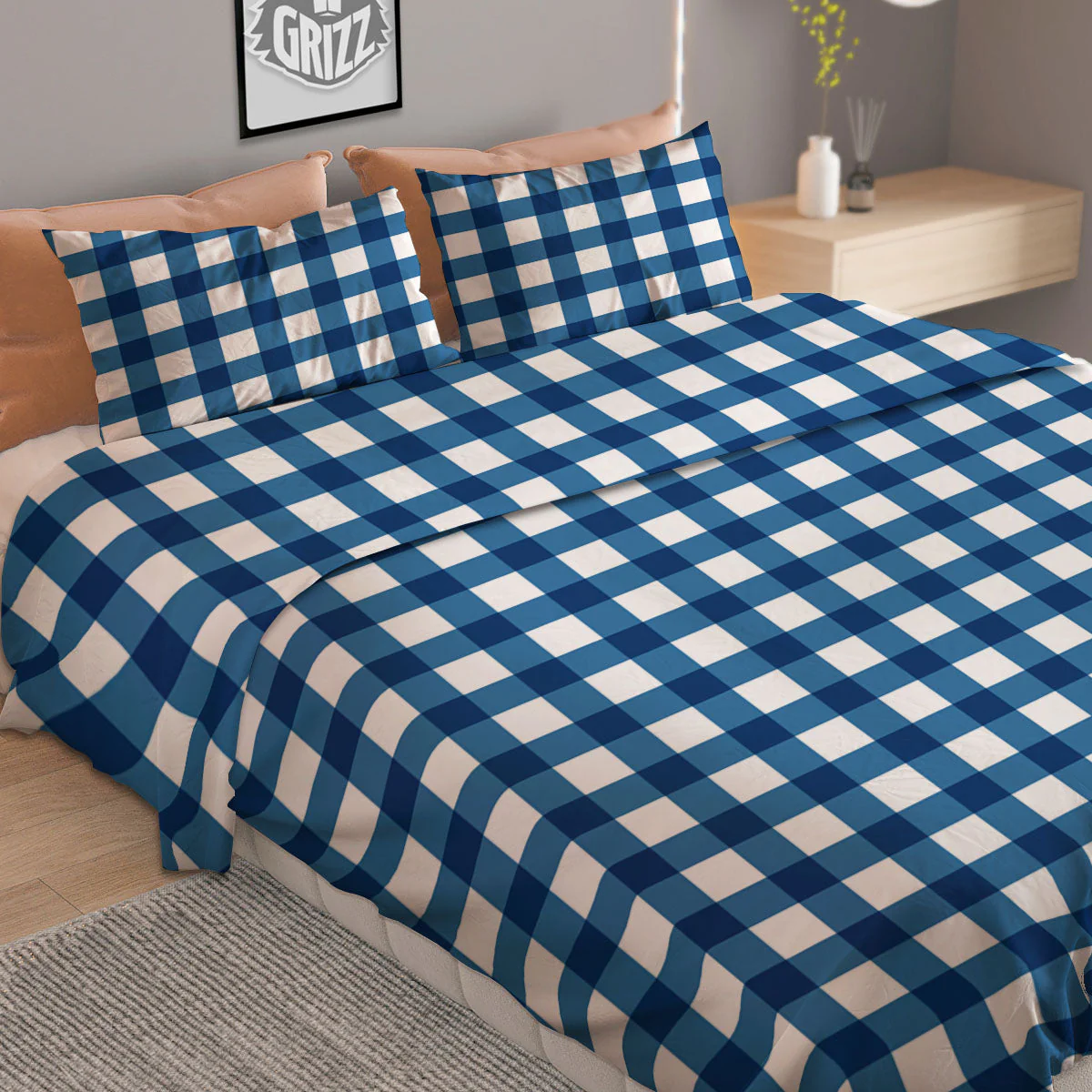 Check White And Navy Print Pattern Duvet Cover Bedding Set - Image 2