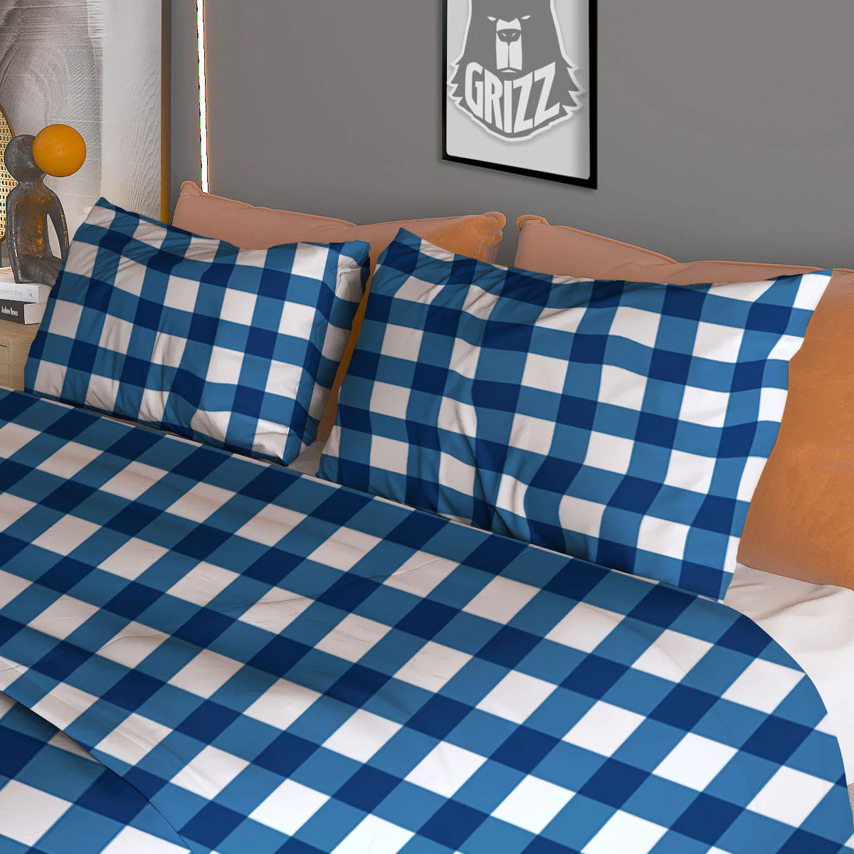 Check White And Navy Print Pattern Duvet Cover Bedding Set - Image 3