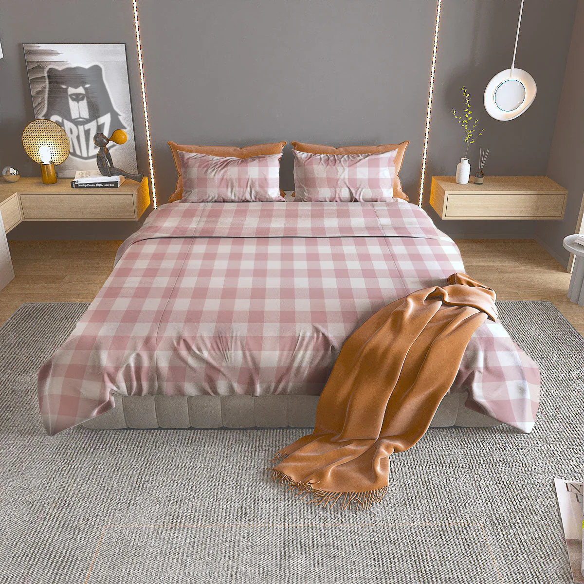 Check White And Pink Print Pattern Duvet Cover Bedding Set