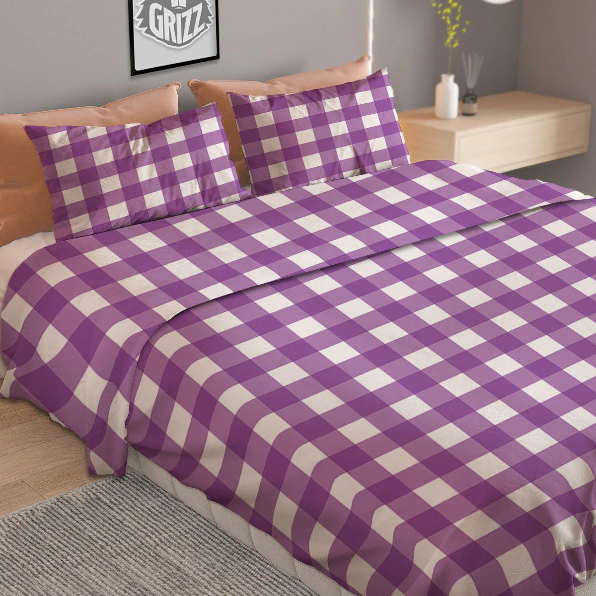 Check White And Purple Print Pattern Duvet Cover Bedding Set - Image 2