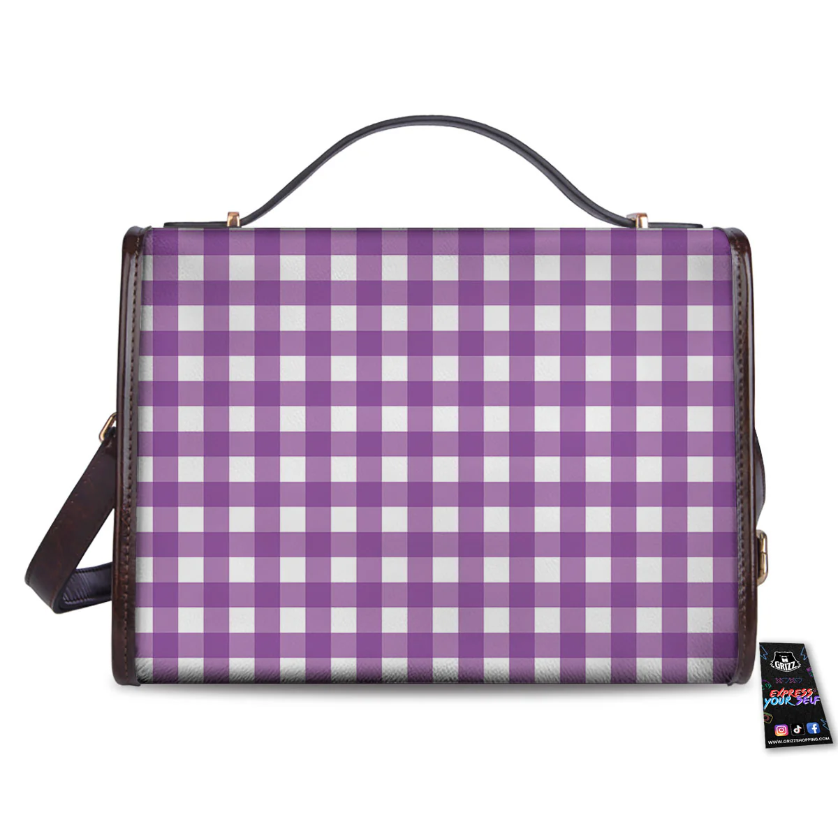 Check White And Purple Print Pattern Women's Satchel Bag - Image 2